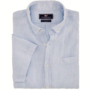 Mens Short-Sleeve Linen Striped Slim Vineyard Vine Shirt